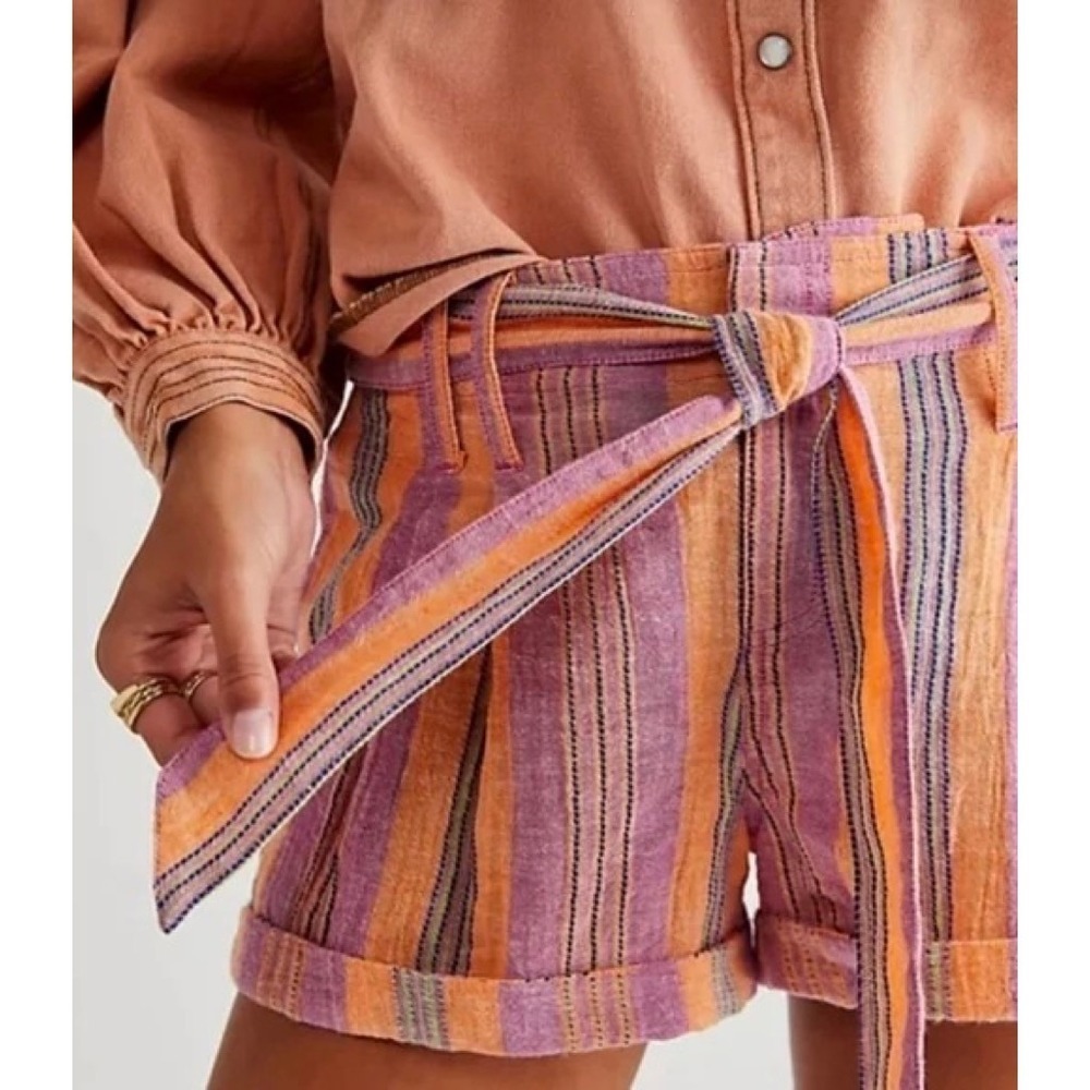 FREE PEOPLE Barbados Bloom Belted Cuffed Shorts‎ Tropical Stripes Vacation 6 - Picture 7 of 15